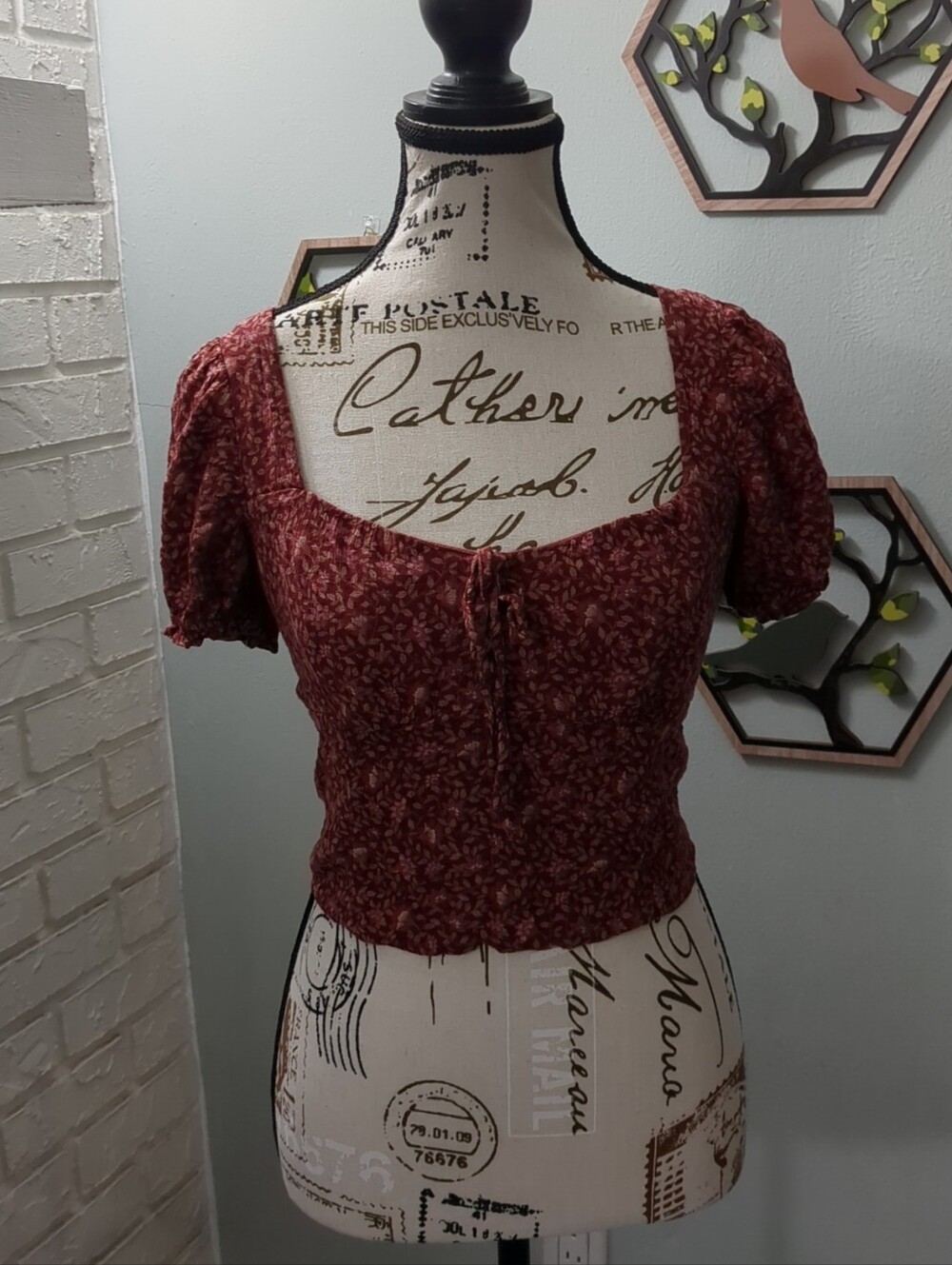 American Eagle Outfitters Burgundy Floral Puff Sleeve Crop Top